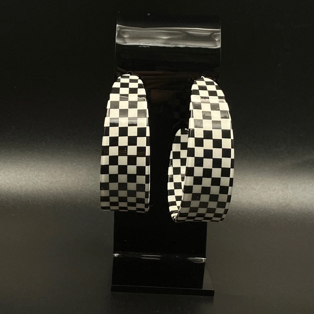 Vintage Hoop Earrings Black White Checkerboard Acrylic Retro Large 2.25